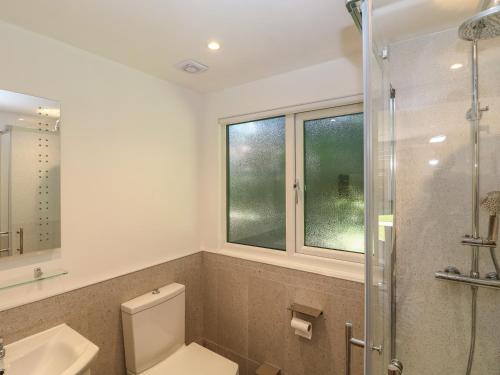 a bathroom with a toilet and a glass shower at 32 Trevithick in Hayle
