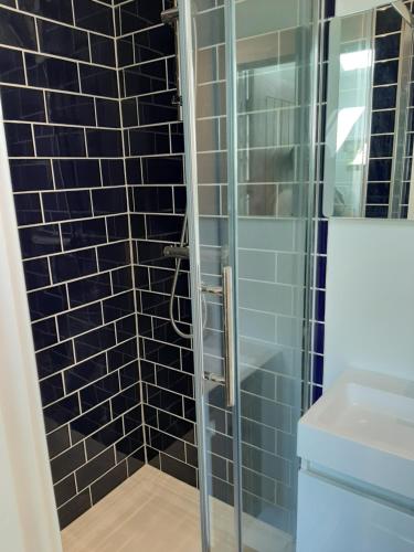 a bathroom with a shower with blue tiles at The Glasshouse in Ilfracombe