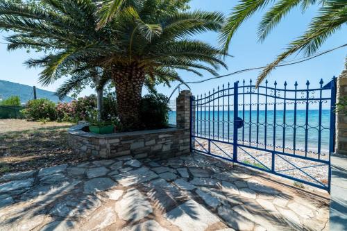 a gate with a palm tree next to the ocean at Front Beach House in Skala Kallirakhis