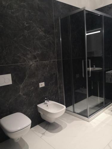 a bathroom with a toilet and a sink and a shower at Dimore Pietrapenta Apartments, Suites & Rooms - Via Lucana 223, Via Piave 23, Via Chiancalata 16, Vico Fornaci 9 in Matera