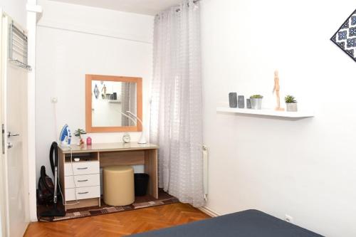 - une chambre avec un bureau et un miroir dans l'établissement Apartman Vlaška 78, à Zagreb