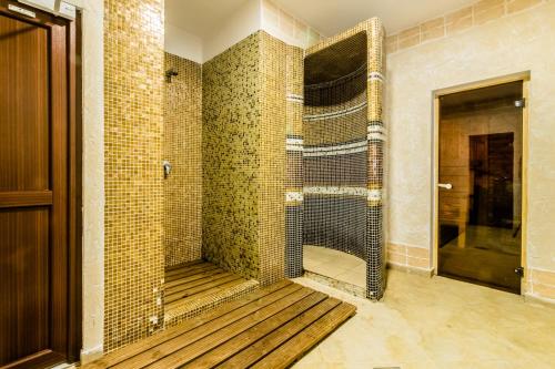 a walk in shower in a bathroom with brown tiles at Hotel Miruna in Sîmbăta de Sus