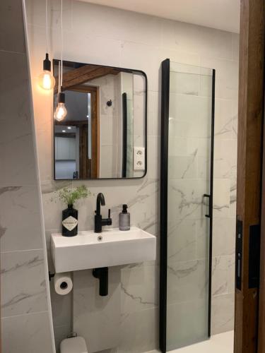 une salle de bain avec un lavabo et un miroir dans l'établissement Studio74, à Annecy