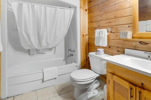 a bathroom with a toilet and a shower and a sink at Ingonish Chalets in Ingonish Beach