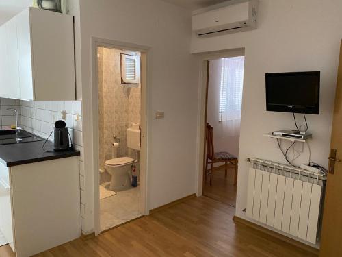 a kitchen with a toilet and a television on the wall at Apartment Coskovic in Rošini
