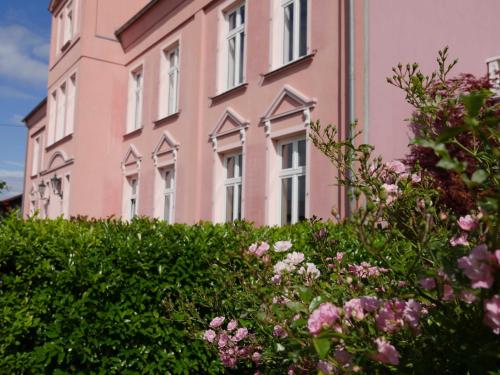 um edifício rosa com arbustos à frente em Schlosshotel Gross Koethel em Hohen Demzin