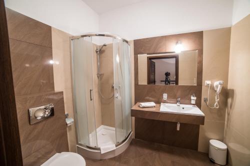 La salle de bains est pourvue d'une douche, d'un lavabo et de toilettes. dans l'établissement Hotel Grodzisko, à Grodzisk Mazowiecki