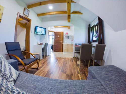 a living room with a couch and chairs and a table at Studio Apartment Karlo in Drežnik Grad