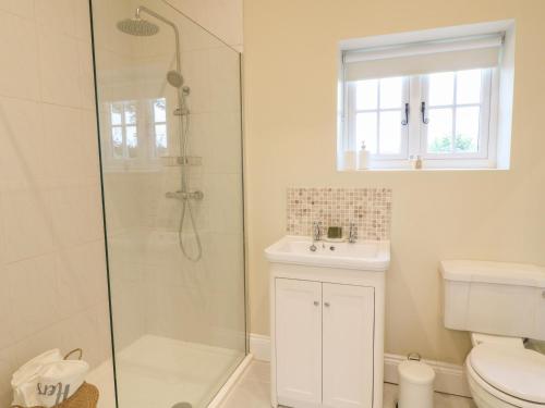 a bathroom with a shower and a toilet and a sink at March Hare in Ashbourne