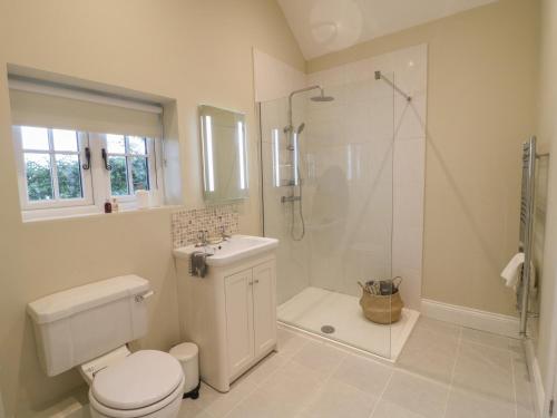 a bathroom with a shower and a toilet and a sink at Barn Owl in Ashbourne