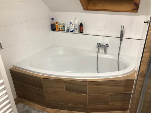 a bath tub in a bathroom with white tiles at Ubytování v soukromí rodinné vily v Děčíně in Děčín