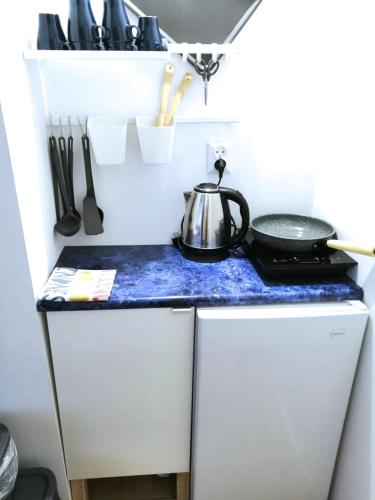 a kitchen counter with a tea kettle on top of a refrigerator at Bezpieczna Przystań - Apartamenty-balia, sauna, narty in Uherce Mineralne