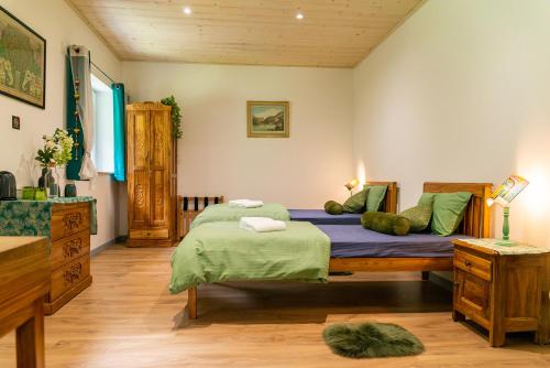a bedroom with two beds with green pillows at Sanskriti in Scionzier