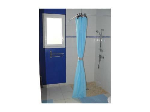 y baño con ducha y puerta azul. en Les Plénitudes du Rivage, en Saint-Vincent-sur-Jard