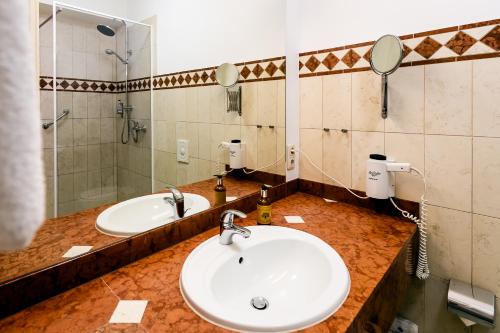 a bathroom with two sinks and a mirror at Sebnitzer Hof by STEIGER Hotels in Bad Schandau