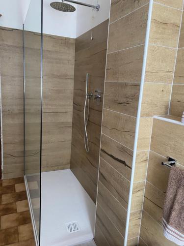 a bathroom with a shower with a glass door at Casa Belvedere in Pieve di Cadore