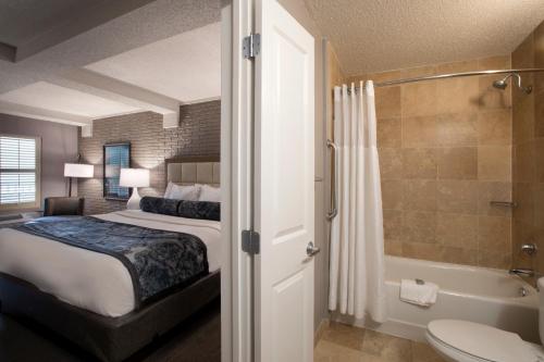 サバンナにあるベスト ウエスタン サバンナ ヒストリック ディストリクトのベッドルーム1室(ベッド1台付)、バスルーム(バスタブ付)が備わります。