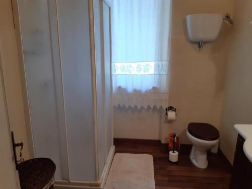 y baño con ducha, aseo y lavamanos. en Casa Lilu, Pietralunga, Umbria, en Pietralunga