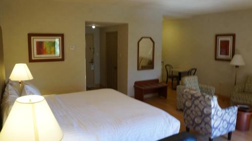 a bedroom with a white bed and a living room at Holiday Inn Express Chihuahua by IHG in Chihuahua