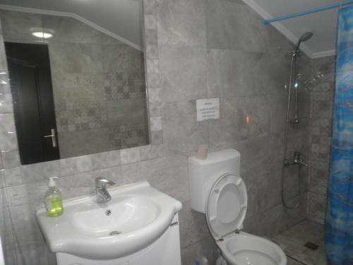 a bathroom with a sink and a toilet and a mirror at Casa Didina in Năvodari