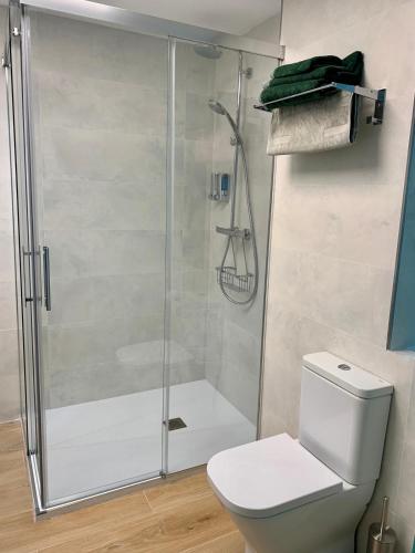 a bathroom with a shower with a white toilet at CHINASOLYMAR LUXURY - Con Parking in Almuñécar