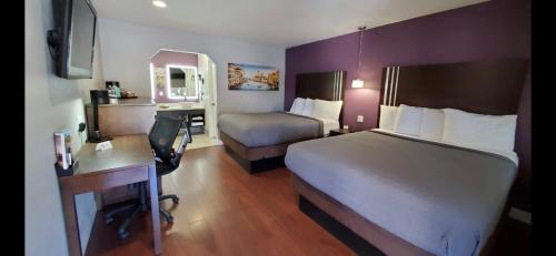 um quarto de hotel com uma cama e uma secretária e uma cama e uma secretária em Muir Lodge Motel em Martinez