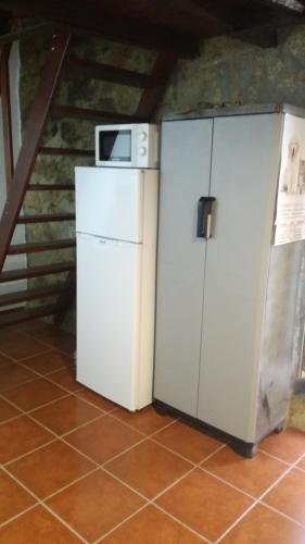 a white refrigerator with a microwave on top of it at House Diogo in Bemposta