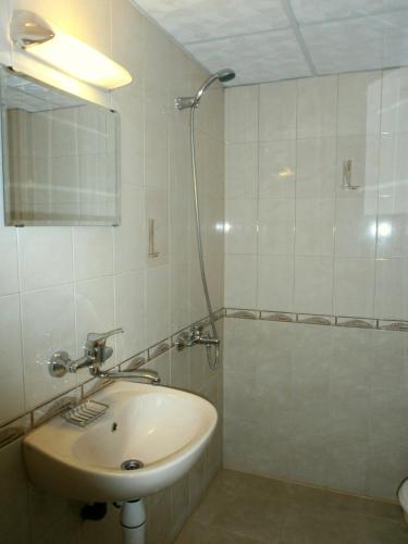 a bathroom with a sink and a shower at Къща за гости Каневи in Momchilovtsi