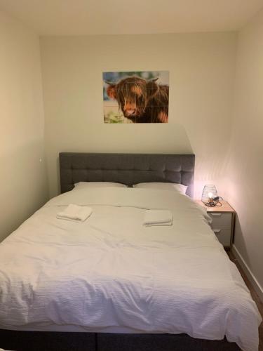a bed with two white towels on top of it at De Wollige Hooglander: in comfort middenin natuur in Otterlo