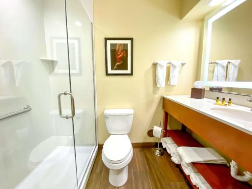 a bathroom with a toilet and a shower and a sink at Best Western Plus Inn of Williams in Williams