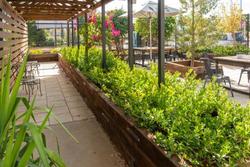 a garden with flowers and tables and chairs at Longreach Most Central Motel in Longreach