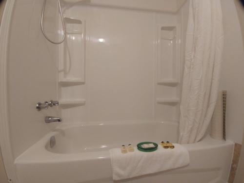 a white bath tub sitting next to a white toilet at Wessex Inn By The Sea in Cowichan Bay