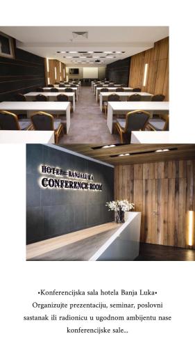 a conference room with white tables and chairs at Hotel Banja Luka in Banja Luka