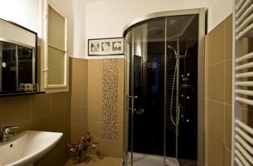 y baño con ducha y lavamanos. en Daphne Deluxe Apartment, en Budapest