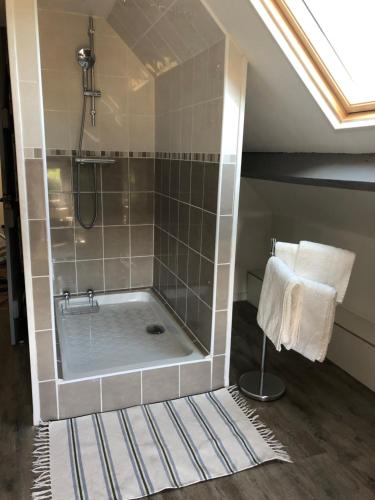 ein Bad mit einer Badewanne im Dachgeschoss in der Unterkunft Haras Cour Lozey in Sainte-Marguerite-des-Loges