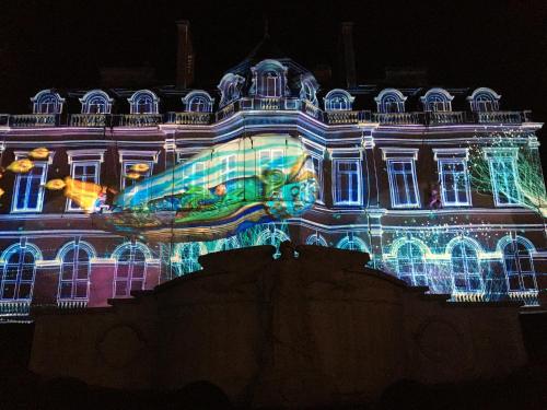 a building with christmas lights on it at night at Hotel de Champagne in Épernay