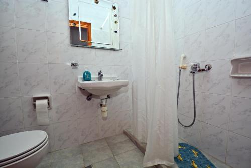 a bathroom with a sink and a toilet and a mirror at Korinas House in Agnontas