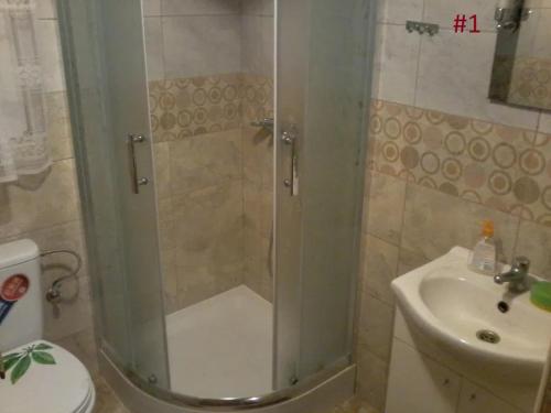 y baño con ducha, aseo y lavamanos. en Domek letniskowy Szramowo, en Szramowo