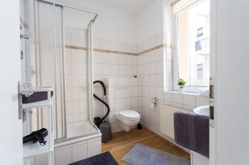 een badkamer met een douche, een toilet en een wastafel bij FULL HOUSE Studios - Lion Apartment - WiFi inkl in Halle an der Saale