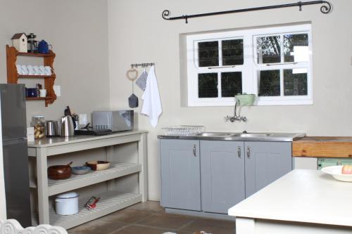 a kitchen with a sink and a counter top at The Apple Blossom Cottage in Villiersdorp