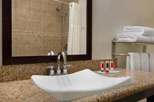 a white sink in a bathroom with a shower at Ramada by Wyndham Oakland Downtown City Center in Oakland