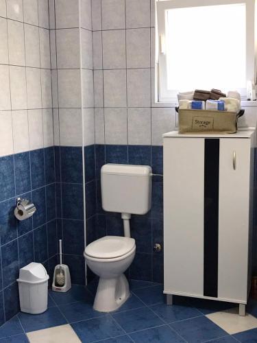 un bagno con un water bianco e piastrelle blu di Anika a Trebinje