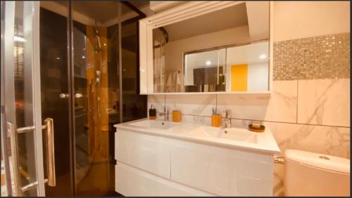 uma casa de banho branca com um lavatório e um chuveiro em Chambre privée Cosy à proximité de Roissy, Parc Astérix em Fosses
