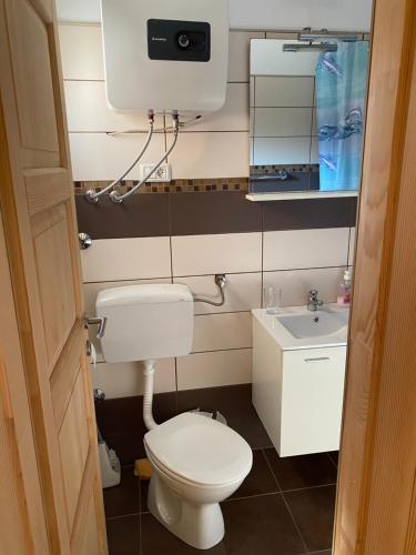 a small bathroom with a toilet and a sink at Anka Studios in Vrbnik