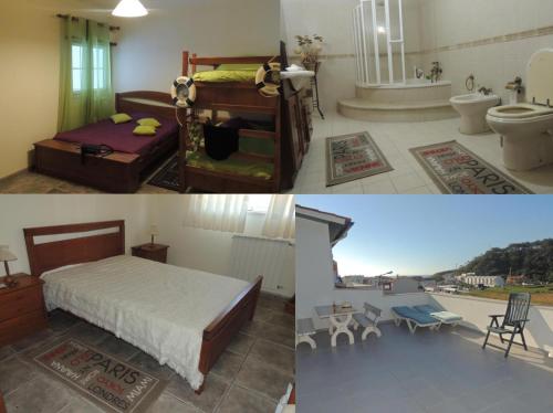 two pictures of a bedroom with a bed and a bathroom at Paredes da Vitória in Senhora da Vitória