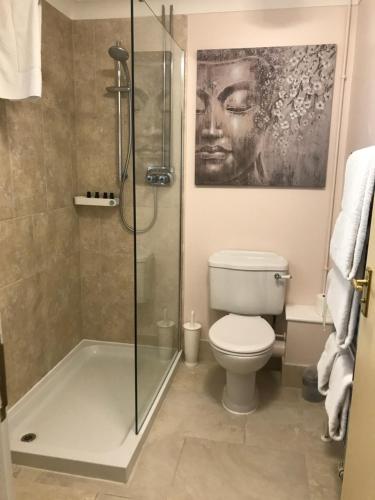 a bathroom with a shower and a toilet and a painting at The Old School House Rooms in Waterbeach
