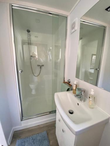 a white bathroom with a shower and a sink at Cyprianus village in Poprad