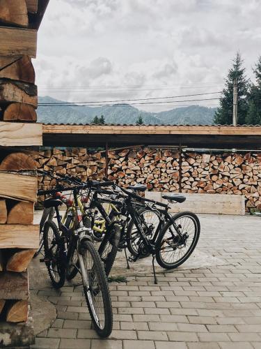 a group of bikes parked next to a wall at Pensiunea Encian in Colibiţa