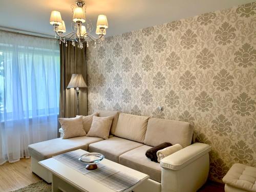 a living room with a couch and a table at Venta apartament in Mažeikiai