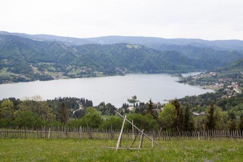 a view of a lake from a hill with a fence at Pensiunea Encian in Colibiţa